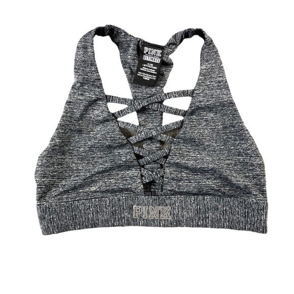 Pink Womens Medium Gray Cut Out Ultimate Unlined Racer Back Sports Bra - Picture 1 of 6